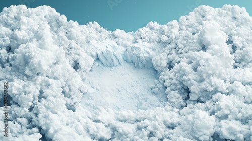 Fluffy white clouds with a clear opening, isolated on a blue background.