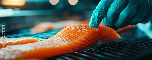 Fresh salmon fillet being carefully handled by gloved hand.