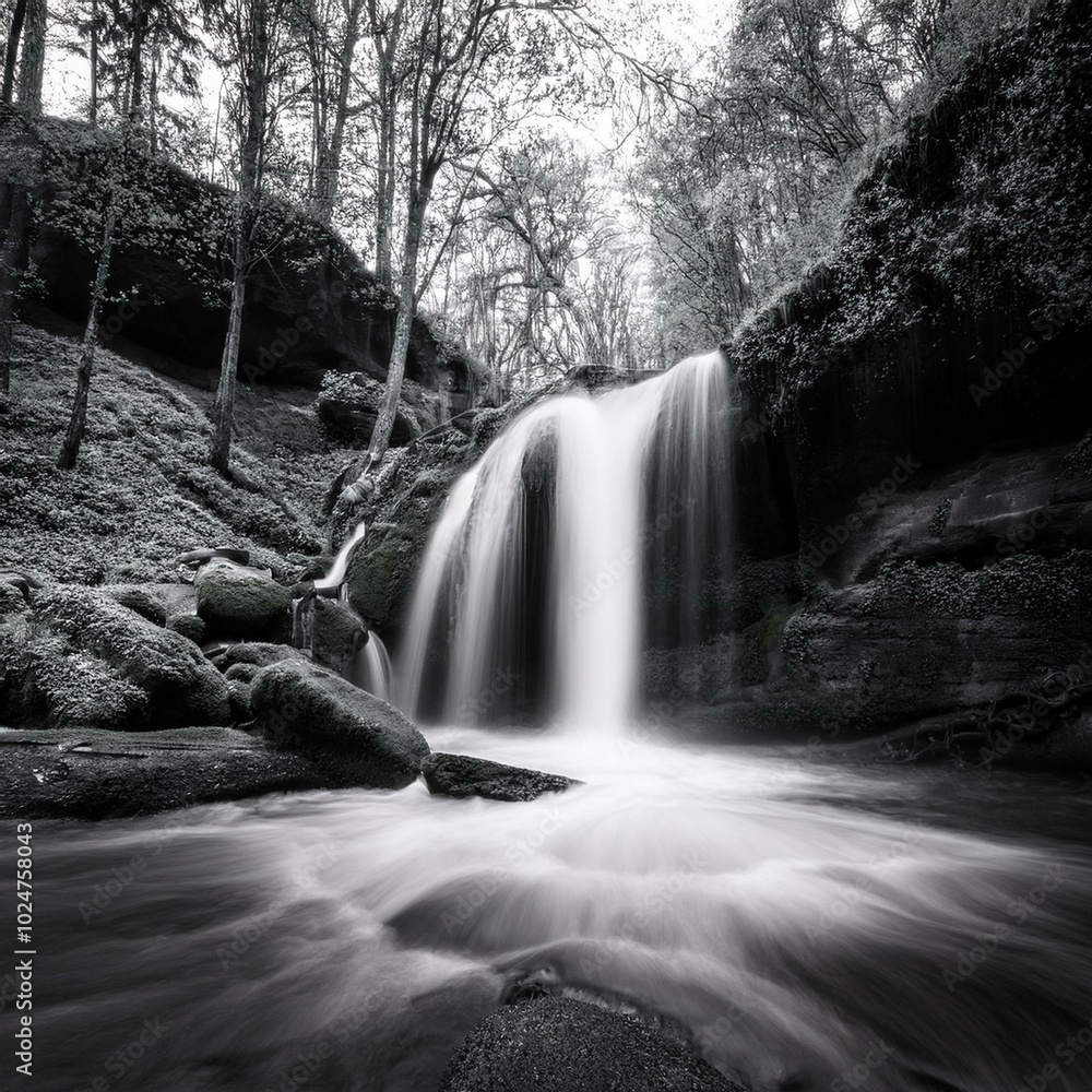 Fototapeta premium black and white waterfall nature season spring in forest