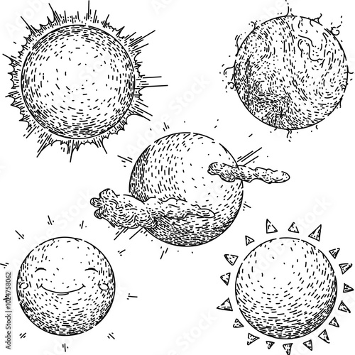 sun set hand drawn. sunshine rays, energy star, heliosphere photosynthesis sun vector sketch. isolated black illustration