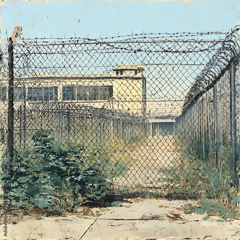 A view of an abandoned fenced area with overgrown vegetation and a building in the background. A view of an abandoned fenced area with overgrown vegetation and a building in the background.
