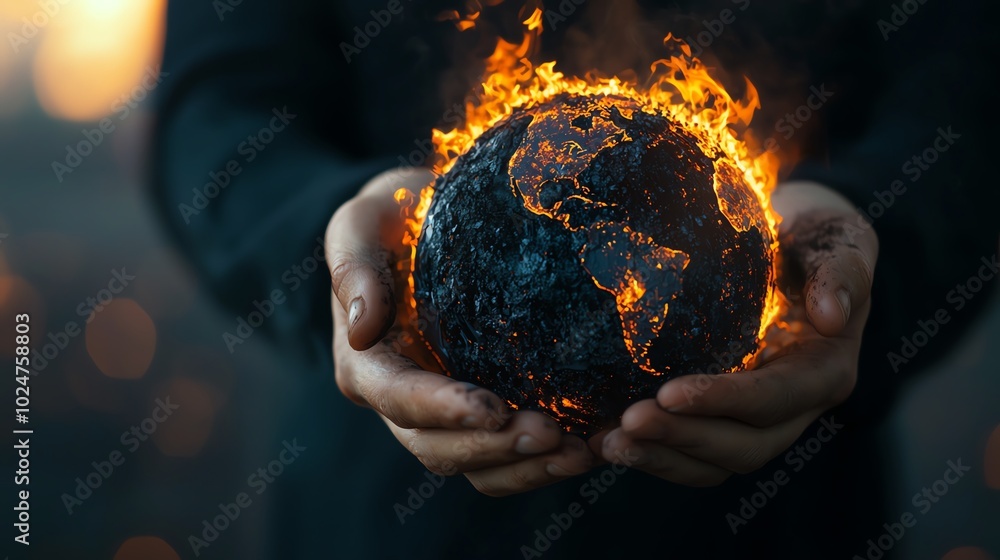 Fototapeta premium Hands holding a burning globe symbolizing climate change, dark background
