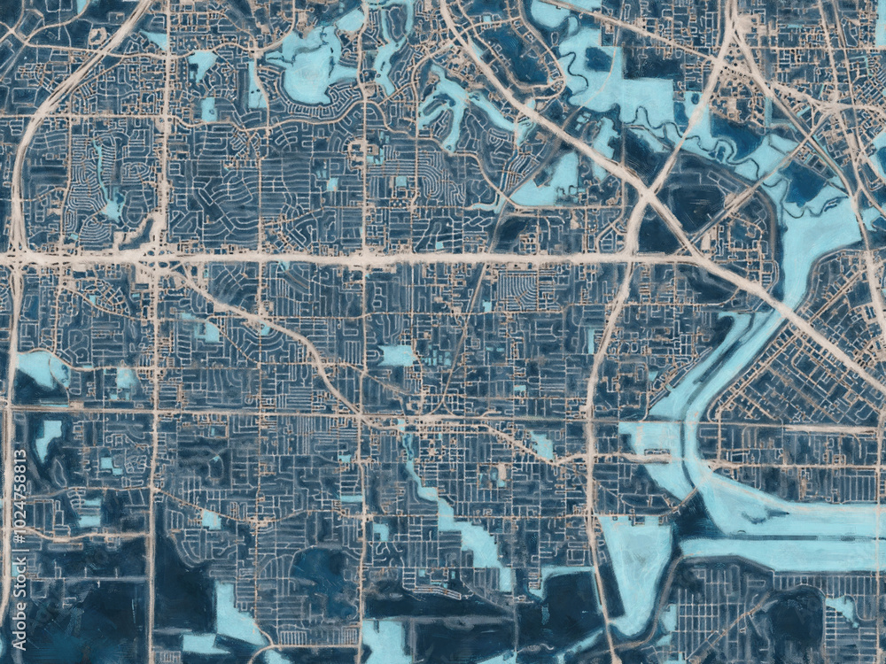 Obraz premium Painterly Style City Map of Irving Texas, USA in a Blue Color Scheme.