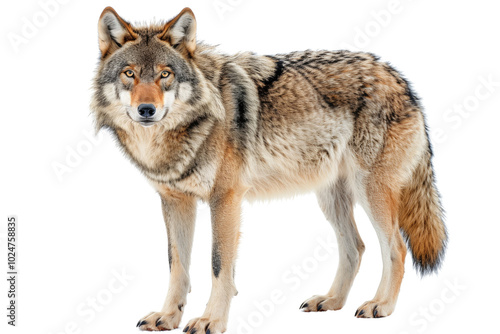 Majestic grey wolf on transparent background: wild dog with powerful posture. photo