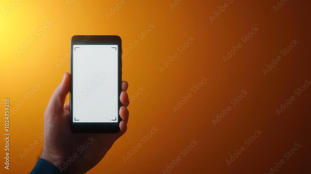 A hand holds a smartphone displaying a blank screen against a warm orange backdrop. A hand holds a smartphone displaying a blank screen against a warm orange backdrop.