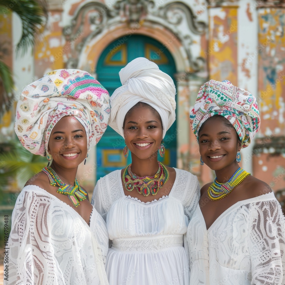 Baianas in Traditional Dress with Afro-Brazilian Culture in Lively Street Setting