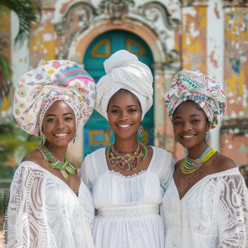 Obraz na płótnie Baianas in Traditional Dress with Afro-Brazilian Culture in Lively Street Setting
w salonie