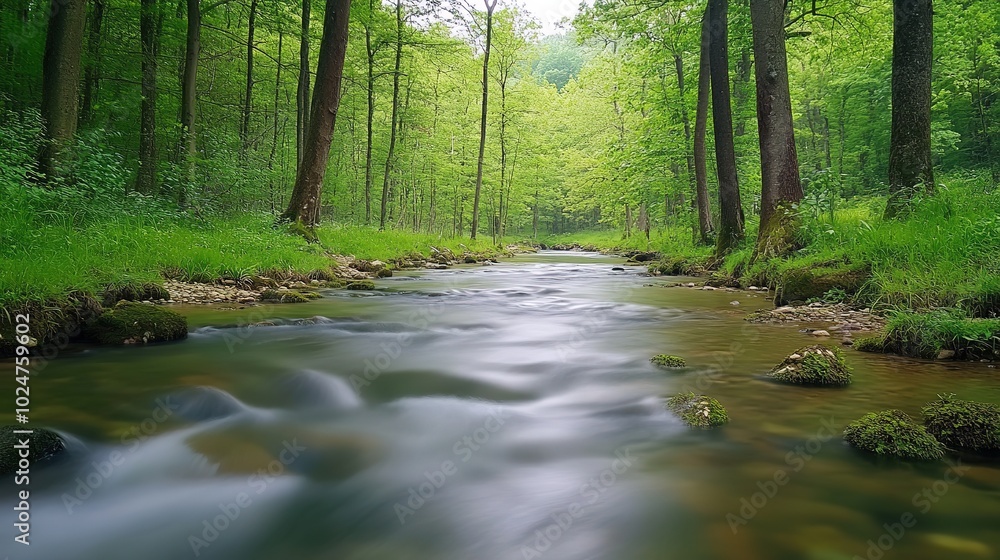 Obraz premium A serene river flows through lush green trees in a peaceful forest during a bright, sunny day in early summer