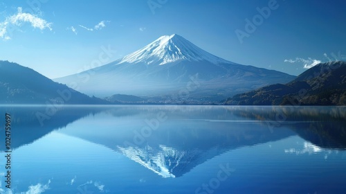 Majestic Mount Fuji the iconic Japanese volcano stands tall and proud its snow capped peak reflected in the still tranquil waters of the surrounding lake