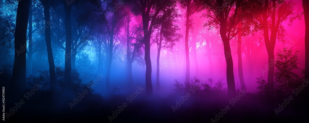 Naklejka premium Mysterious forest with colorful fog in shades of blue and pink.