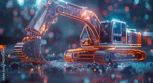Digital Excavator with Glowing Lines and Bokeh Background