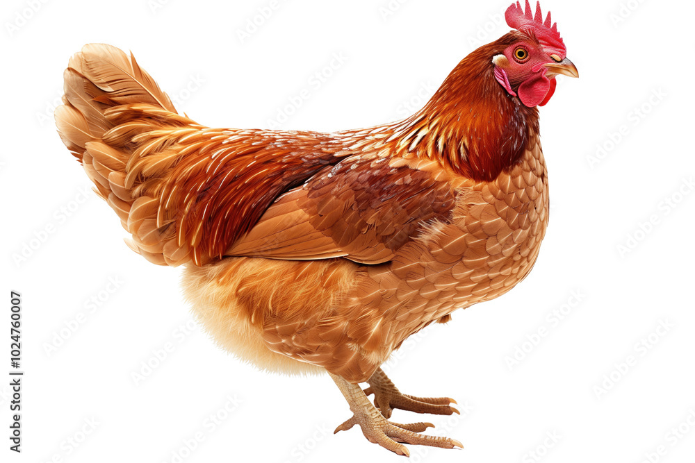 Fototapeta premium Chicken with red comb on transparent background: feathered farm animal.