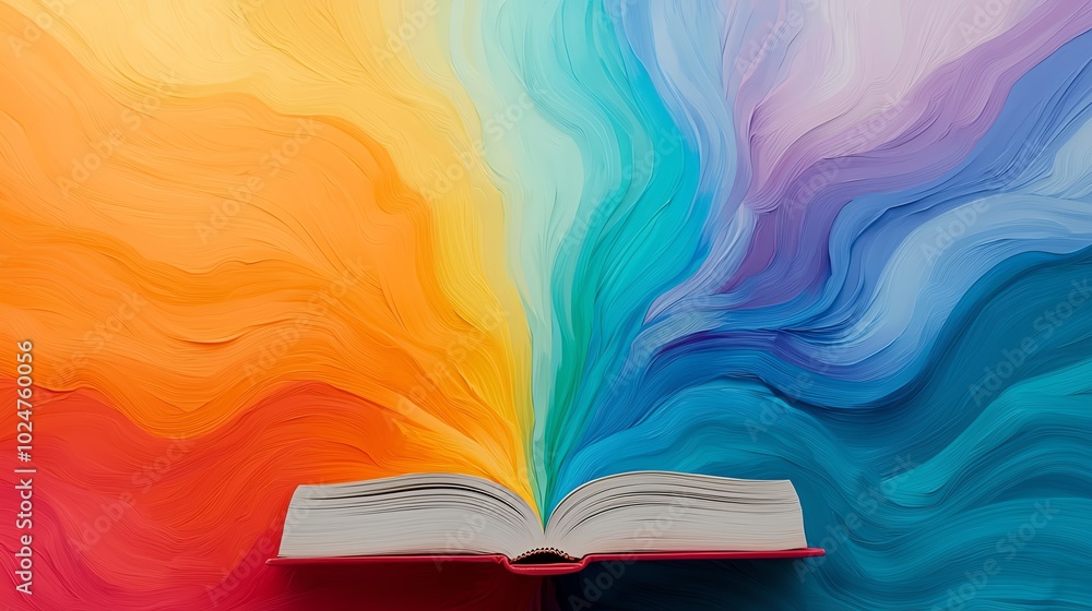 Open book with vibrant colorful waves emerging from its pages. Open book with vibrant colorful waves emerging from its pages.
