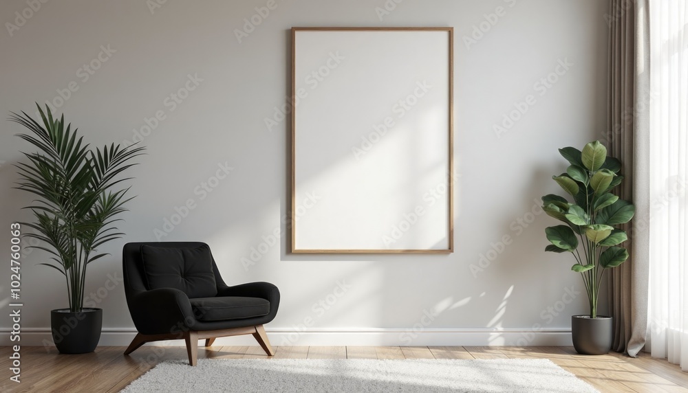 minimalistic interrior desighn with black chairand blank canvas mockup on a wall. A 3D render of a minimalist living room with a black velvet chair,and a large square picture frame on a wall minimalistic interrior desighn with black chairand blank canvas mockup on a wall. A 3D render of a minimalist living room with a black velvet chair,and a large square picture frame on a wall