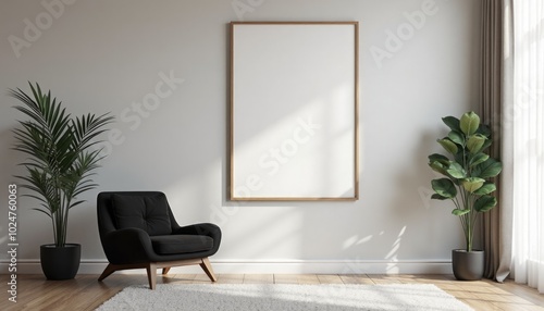 minimalistic interrior desighn with black chairand blank canvas mockup on a wall. A 3D render of a minimalist living room with a black velvet chair,and a large square picture frame on a wall photo