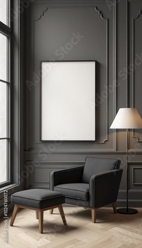 minimalistic interrior desighn with black chairand blank canvas mockup on a wall. A 3D render of a minimalist living room with a black velvet chair,and a large square picture frame on a wall photo