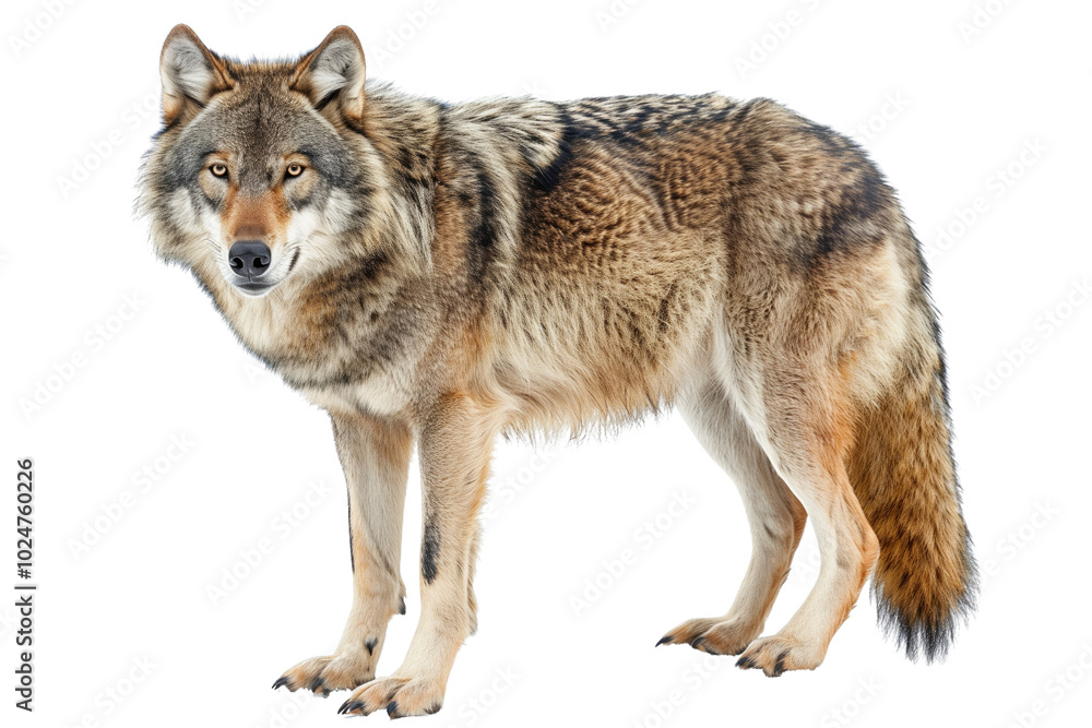 Majestic grey wolf on transparent background: wild dog with powerful posture. Majestic grey wolf on transparent background: wild dog with powerful posture.