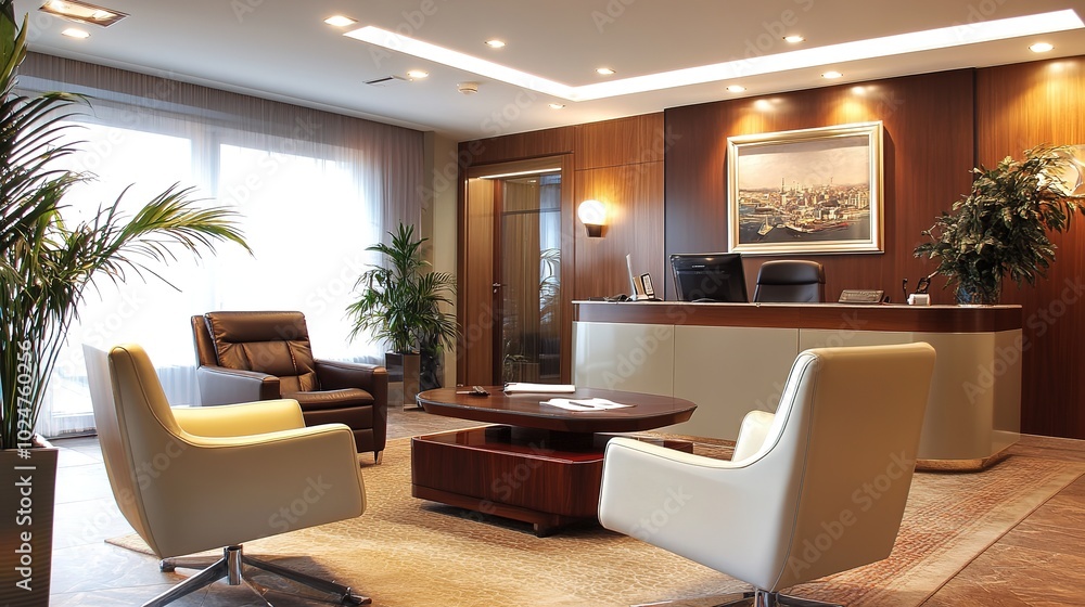 Fototapeta premium Modern office interior with open workspace and stylish seating area in a well-lit urban environment