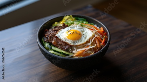 Delicious korean bibimbap with fresh vegetables and egg for food photography photo