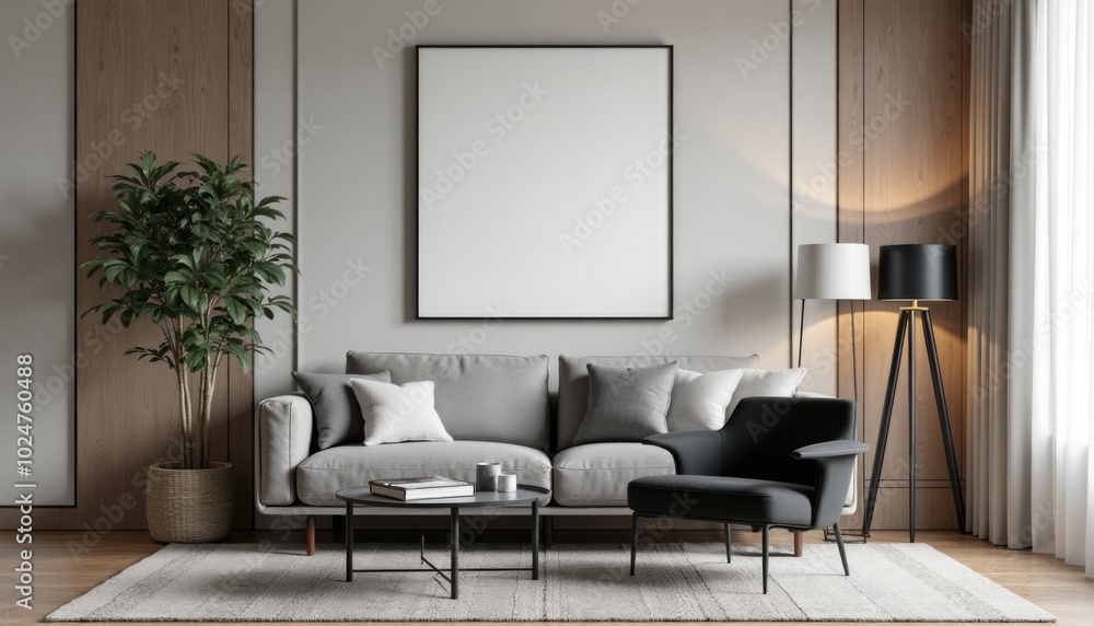 minimalistic interrior desighn with black sofa and blank canvas mockup on a wall. A 3D render of a minimalist living room with a black velvet sofa, a potted plant, and a large square picture frame on minimalistic interrior desighn with black sofa and blank canvas mockup on a wall. A 3D render of a minimalist living room with a black velvet sofa, a potted plant, and a large square picture frame on