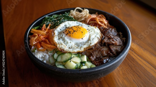 Delicious korean bibimbap bowl with fresh ingredients and fried egg