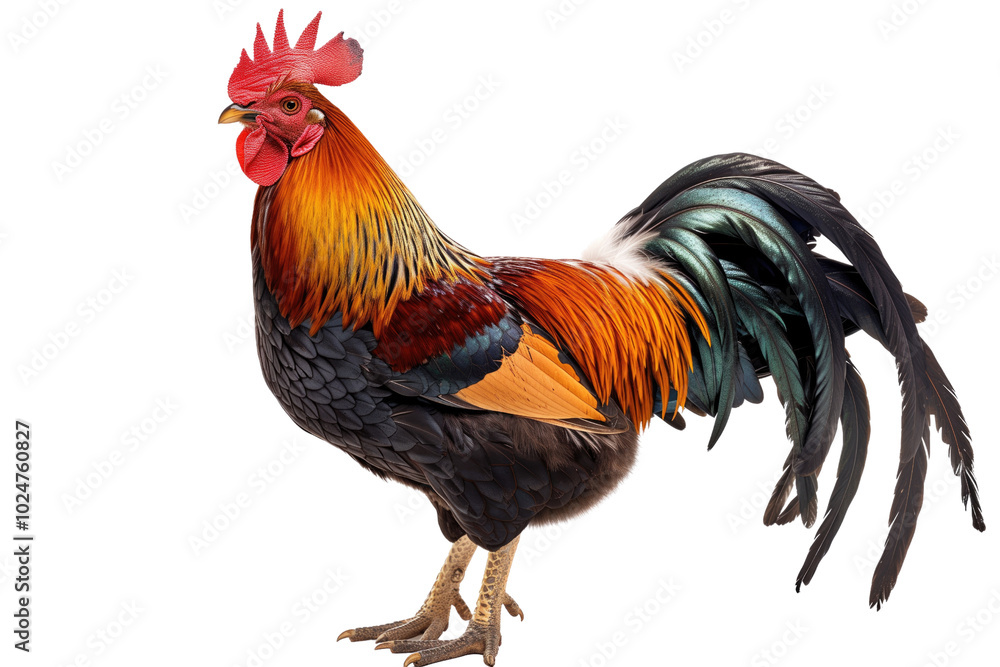 Fototapeta premium Colorful Rooster on a transparent background: A Farm Animal with a Red Comb and Tail Feathers.