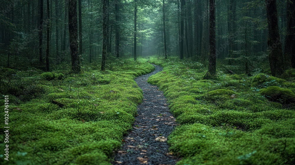 A serene forest path winding through lush green moss. A serene forest path winding through lush green moss.