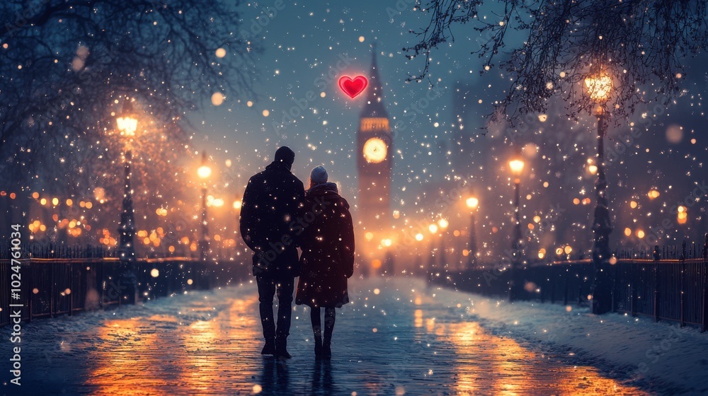 Obraz premium Romantic Couple Walking in Snowy Street with Heart Lights， feelings of love and serenity amidst gentle snowfall.