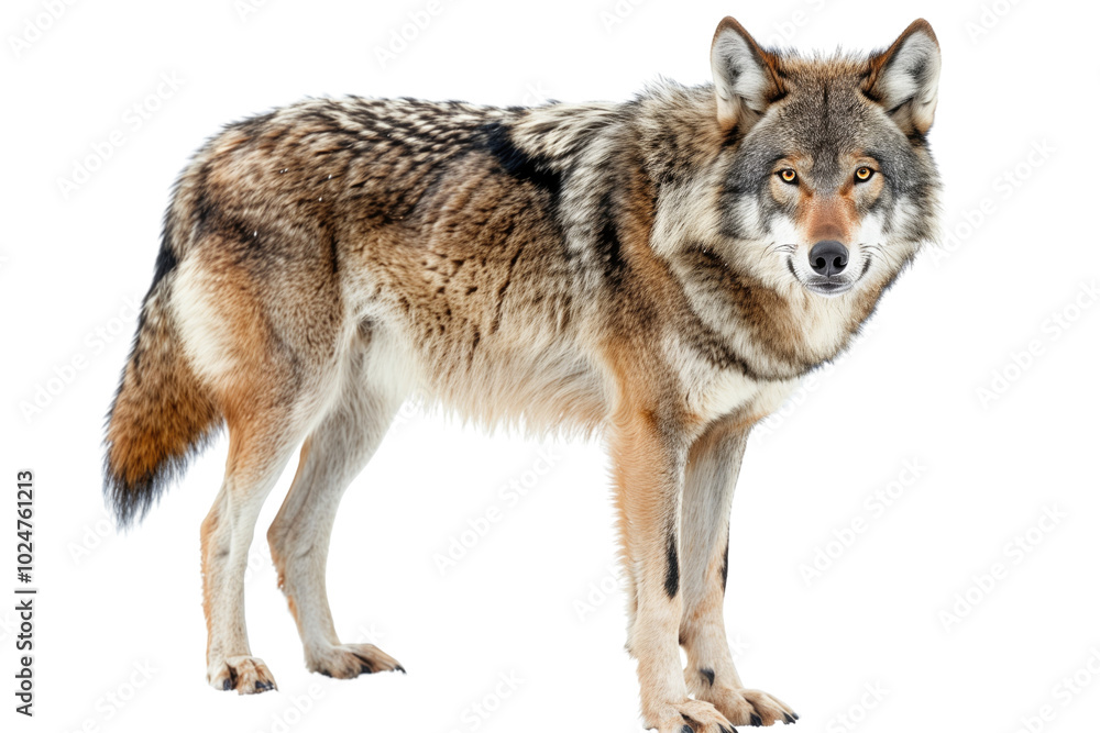 Fototapeta premium Majestic grey wolf on transparent background: wild dog with powerful posture.