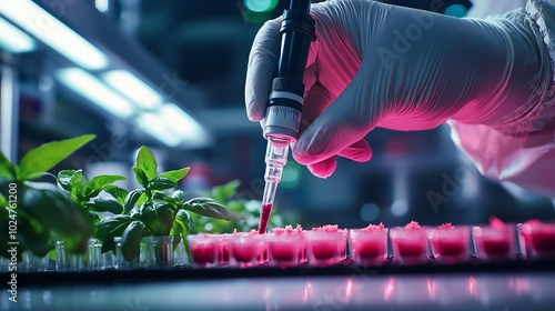 Scientist using pipette on plant samples in laboratory environment. photo