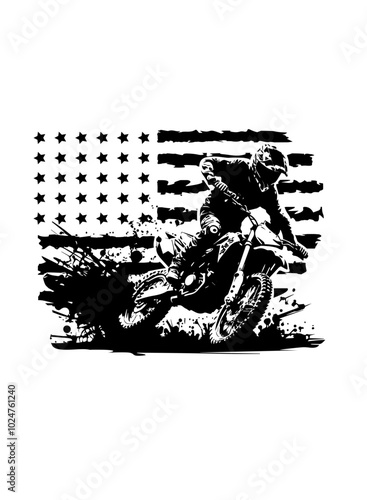 US Dirt Biker Motocross | US Distress Flag | Motocross Rider | Extreme Ride | Mud Bike | Trail Rides | Off-road Bike | Dirt Biker | Original Illustration | Vector and Clipart | Cutfile and Stencil