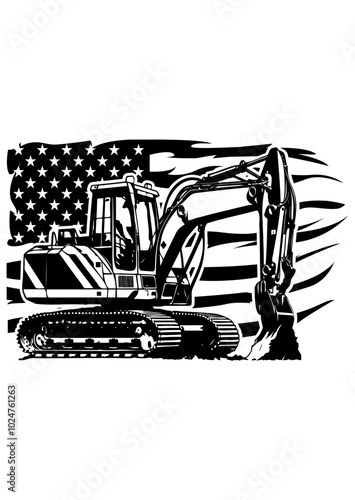 US Excavator | US Flag | Earth Remover | Construction Machinery | Demolition Equipment | Digger Machine | Heavy Equipment | Original Illustration | Vector and Clipart | Cutfifle and Stencil