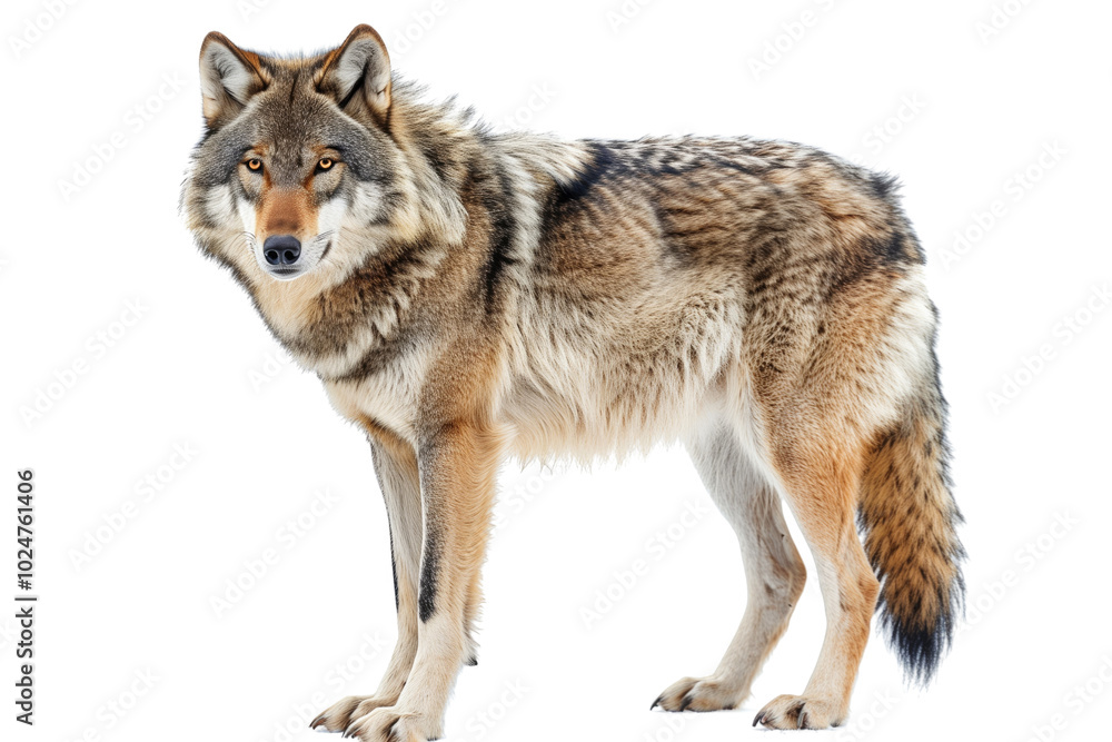 Fototapeta premium Majestic grey wolf on transparent background: wild dog with powerful posture.