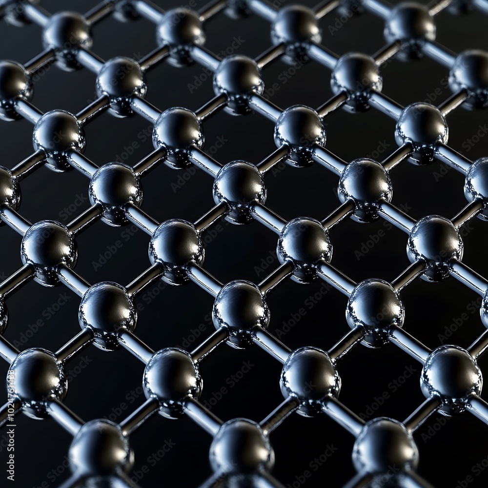 A close-up view of a metallic lattice structure, possibly representing atomic or molecular arrangements. A close-up view of a metallic lattice structure, possibly representing atomic or molecular arrangements.