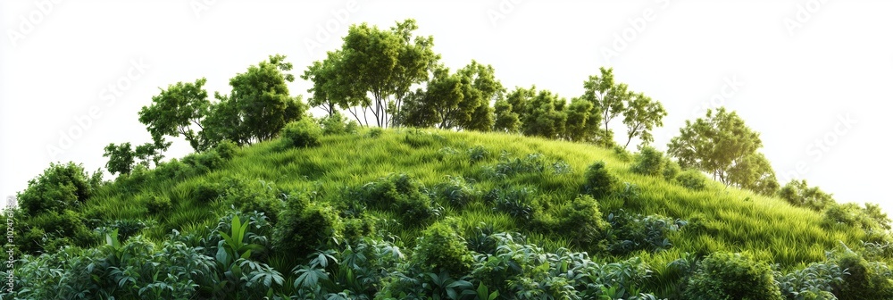 3D Rendering of a Green Jungle Hill with Dense Vegetation and a Tree at the Top, Set Against a White Background, Featuring Hyper-Realistic Detail. 3D Rendering of a Green Jungle Hill with Dense Vegetation and a Tree at the Top, Set Against a White Background, Featuring Hyper-Realistic Detail.