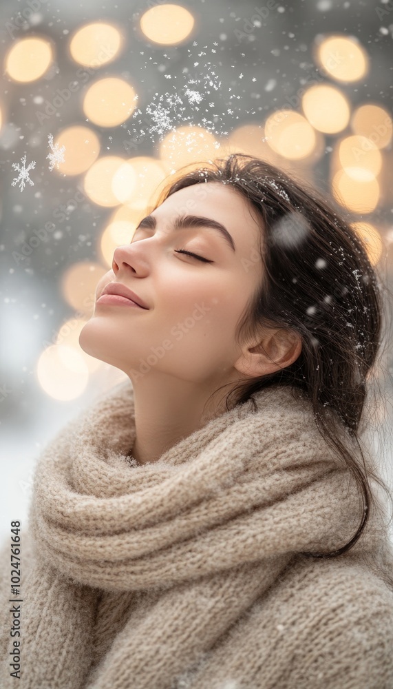 Winter Wonderland Glow Serene Woman Embraces the Magic of Snowfall Under Twinkling Lights Winter Wonderland Glow Serene Woman Embraces the Magic of Snowfall Under Twinkling Lights