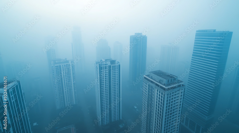Skyscrapers shrouded in fog, creating a mysterious urban landscape. Skyscrapers shrouded in fog, creating a mysterious urban landscape.