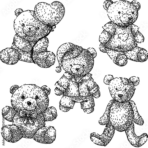 teddy bear set hand drawn. soft toy, stuffed cute, hug comfort teddy bear vector sketch. isolated black illustration