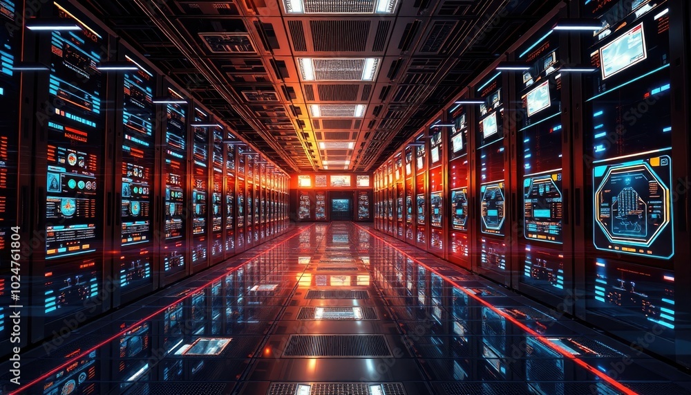 Obraz premium Futuristic data center with holographic control panels and real-time monitoring systems, providing cutting-edge technology for data storage and processing. AI-generated