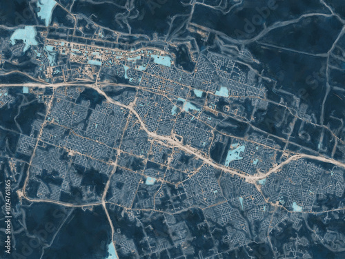Painterly Style City Map of Killeen Texas, USA in a Blue Color Scheme.
