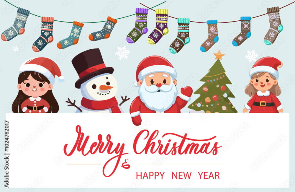 Merry Christmas and New Year greeting card with cute kids snowman, Christmas tree, reindeer and Santa Claus, in a red suit. Merry Christmas and New Year greeting card with cute kids snowman, Christmas tree, reindeer and Santa Claus, in a red suit.