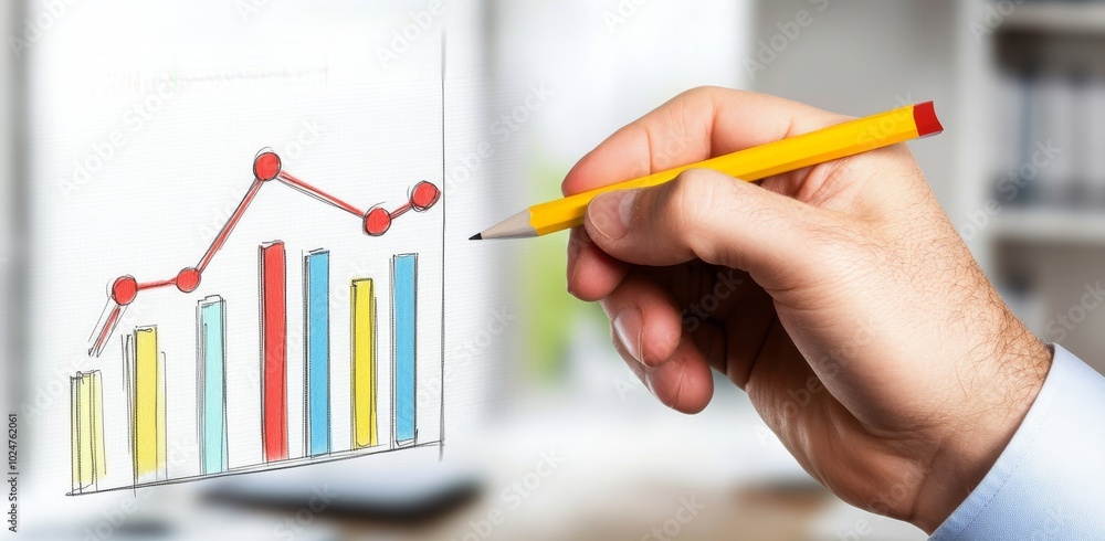 Businessman Illustrating Growth Graph on Virtual Screen in Office Businessman Illustrating Growth Graph on Virtual Screen in Office