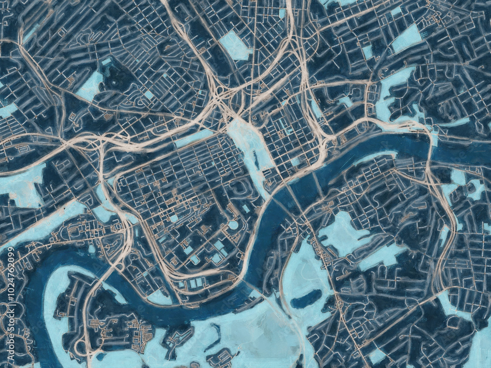 Obraz premium Painterly Style City Map of Knoxville Center Tennessee, USA in a Blue Color Scheme.