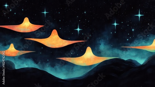 A surreal depiction of glowing UFOs against a starry night sky over rolling hills. photo