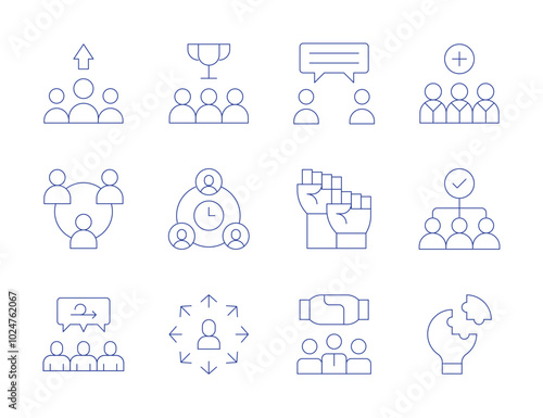 Teamwork icons. Thin Line style, editable stroke. teamwork, deadline, medical team, problem solving, trophy, together, intermediary, discussion, networking