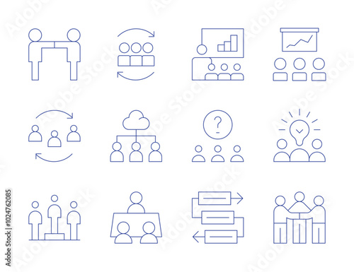 Teamwork icons. Thin Line style, editable stroke. teamwork, cooperation, workflow, creative team, graphic, meeting, mediator, spokesperson, question, leadership, refresh