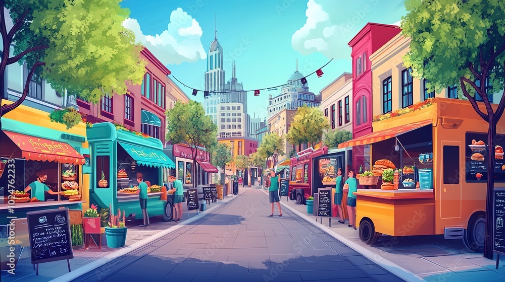 Obraz premium Vibrant street market bustling with food trucks and shoppers in a lively neighborhood during late afternoon
