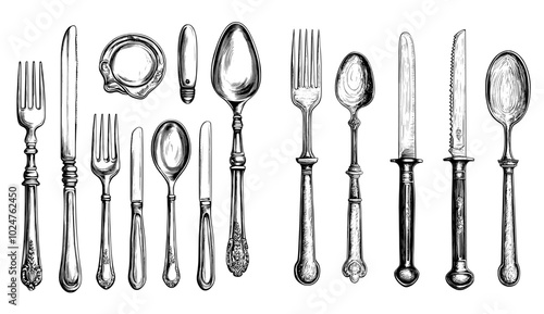 Restaurant ink silver cutlery, dinner meal utensil doodle sketch modern illustration isolated icons of vintage fork, food spoon, and sketch dinner knife.