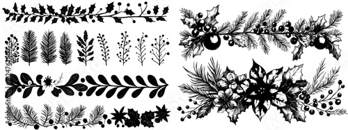 Winter-themed ornamental dividers and borders. Blossoms, snowflakes, and floral decorations. A floral frame separator for wedding cards or Xmas cards. Isolated modern symbols.