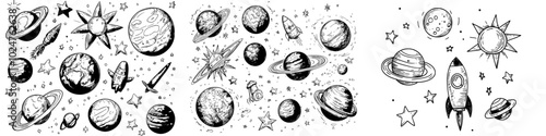 Modern illustration set featuring space doodles, sketch space planets, and cosmic rockets. Monochrome celestial bodies, spacecrafts, and astronomy symbols.